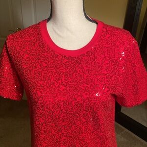 DKNY red size small sequin covered T-shirt